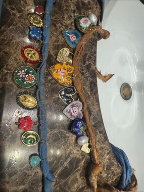 Multicolor Enamel Heart Charm Necklace with Brown Bandana bought in round top